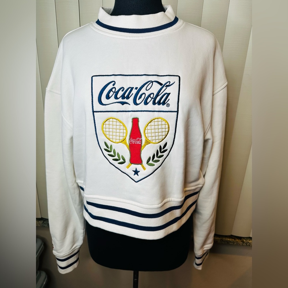 Coca-Cola White Crewneck Sweatshirt with Navy Trim and Crest